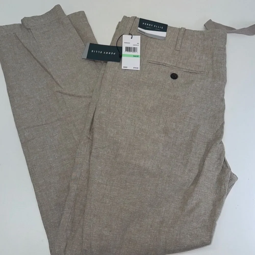 🔥Perry Ellis Light Tan Chinos Sz 34X32 New LINEN BLEND DRAWSTRING PANT
